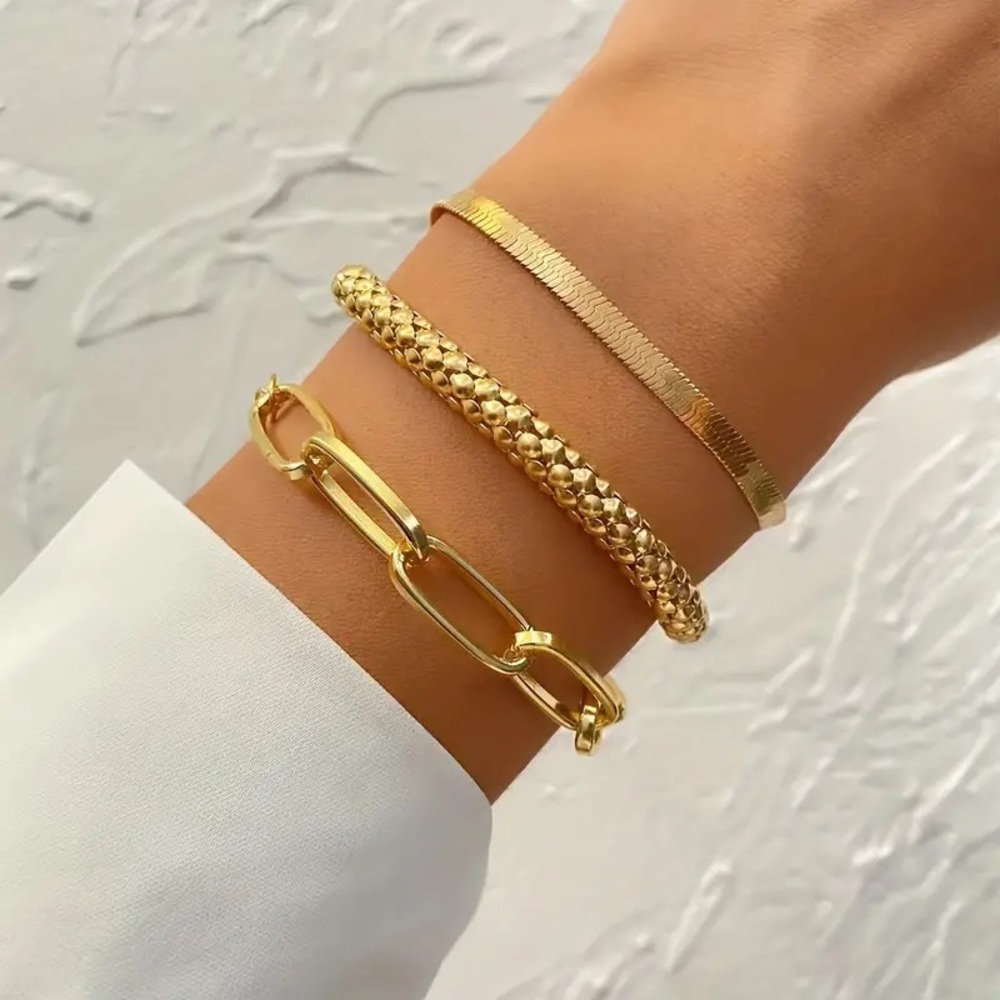 3pcs/Set Vintage Golden Color Snake Bone Chain Multilayer Bracelet